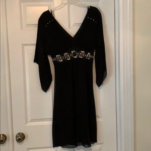 KAREN MILLEN Black gossamer beaded pleated dress. Deep V-neck. Hippy chic.